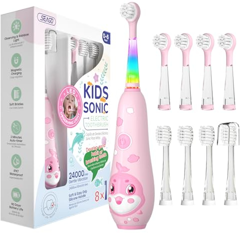 Spazzolino Elettrico Bambini Spazzolino Denti Elettrico Spazzolini Elettrici Spazzolino Bambini 0-6 Anni Spazzolino Da Viaggio Con 8 Testine Per, Luce LED, modello balena SG-2139, Rosa