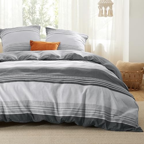 BEDSURE Bettwäsche 220x240 3teilig - Grau Gestreift, 2x80x80 Kissen | Mikrofaser Bettwäsche-Sets Wendebettwäsche, Oeko-TEX Bedding mit Reißverschluss, Extra Weich & Atmungsaktiv