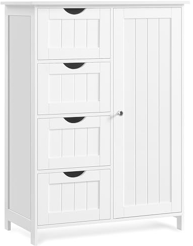 VASAGLE Meuble Salle de Bain Rangement, Armoire Gain de Place, Commode, avec 4 Tiroirs, Placard avec Porte, Étagère Réglable, 35 x 65 x 90 cm, Blanc Nuage LHC042W01