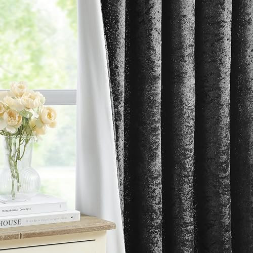 Bujasso Black Crushed Velvet Pencil Pleat Room Darkening Xmas Window Curtain Panels 54 inches Long Microfiber Lining 70% Blackout Window Drapes for Bedroom Living Room Set of 2 Panels W46 x L54 Black