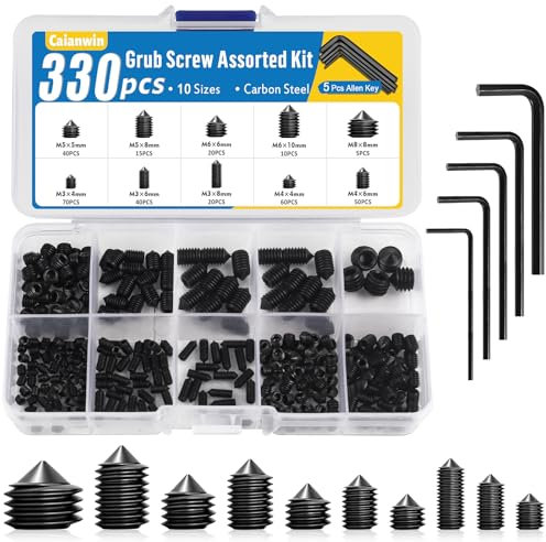 Caianwin Juego de 330 tornillos prisioneros de punta cónica, M3, M4, M5, M6, M8, acero al carbono, tornillos hexagonales con 5 llaves para picaporte, soporte