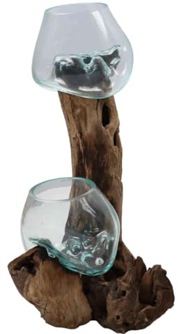 Double Glass Vase on Burl Wood Diameter 15 cm x Height 40 cm Made of Recycled Glass & Teak Root Wood Handmade Extravagant Home Decoration Decorative Vase Glass Bowl Natural Vase A29