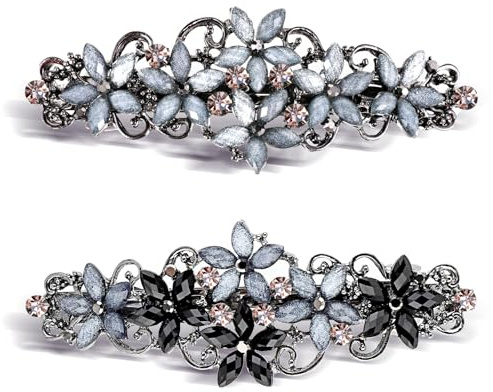 Teaaha 2 st eleganta hårspännen kvinnor flickor hårklämma med kristall blomma klämma glitter utsökt hårsmycke fransk stil vintage hårtillbehör (svart grå/grå)