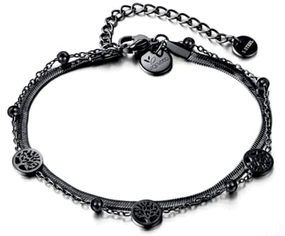 VICKWOOD Lebensbaum Armband Damen Fußkettchen Edelstahl bis 30cm 18K Vergoldung Wasserfest Gold/RoseGold/Silber Geschenk für Frauen (A.Band_Black)
