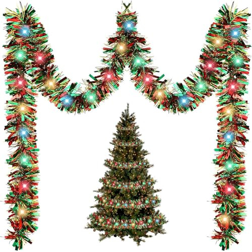 16.4Ft Christmas Tinsel Garland with Lights, Xmas Tree Decorations Colorful Christmas Metallic Twist Garland Ceiling Hanging Decorations for New Year Party Birthday Holiday Indoor Outdoor Supplies