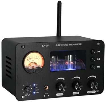 McbeAn Audio Preamplifier, Audio Switching Amplifier, HIFI Tube Power Amplifier Audio, 4 In and 2 Out, Supports Bluetooth 5.0 / USB/TF Card/Radio Coaxial/Optical Fiber/Stereo RCA