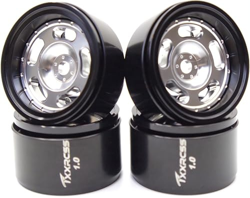 TxXrcss RC 1.0 Beadlock Wheels Offsets -2 Aluminum Rims for AX24 1/18 TRX4M All 1/24 Scale SCX24 Deadbolt RC Crawler Car Wheels Upgrades 4Pc (Silver & Black)