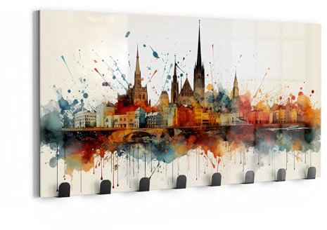 DEQOART Wandgarderobe Glas & Metall | Motiv Städtische Farbtöne | 60x30 cm | Design Haken-Leiste modern | Garderoben-Paneel für Flur, Wohnzimmer & Schlafzimmer | magnetisch & beschreibbar