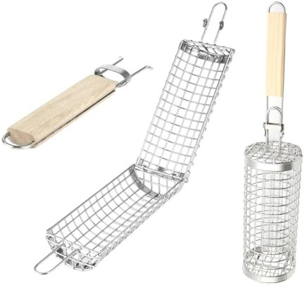 Raypontia 2-teiliges Set Rollender Grillkorb Edelstahl, 43.4/51.3Cm Rolling Grilling Basket Mit Wooden Griff, Nestendes Rollendes Grillkorb Set, Zylindrischer Grillkorbs, Rolling Basket Grilling,
