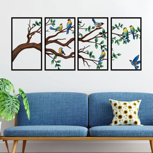 ruelen 4 Pcs Metal Birds and Tree of Life Wall Art, Colorful Leaves Silhouette Wall Hanging Sculpture, Indoor Outdoor Garden Decor for Living Room Bedroom Home(17X9.8”per piece)