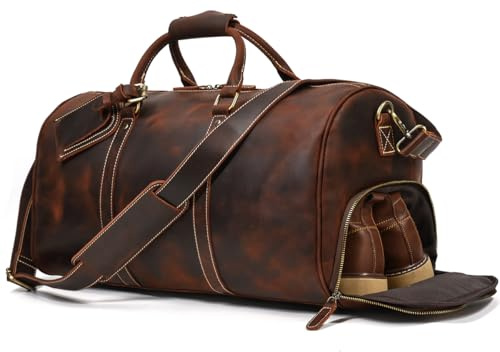 Vintage Reisetasche Herren Leder Weekender zum Umhängen Overnight Duffle Bag Großes Reisegepäck 55cm echtes Rindsleder, Kaffeefarbe