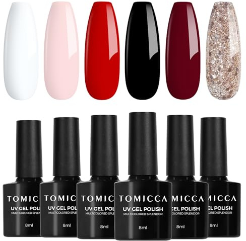 TOMICCA Gel Nail Polish Set, 6 Colors White Red Pink Black Glitter Gel Polish, Soak Off UV/LED Burgundy Red Gel Varnish for DIY Home Salon Manicure Nail Art