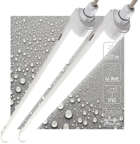 Proventa LED Feuchtraumleuchte 150cm 2-Pack IP65 46W 5520lm 4000K Neutralweiß - durchverdrahtet, verknüpfbar, Wannenleuchte, Werkstattleuchte, Garagenbeleuchtung, Kellerlampe, Leuchtstoffröhre