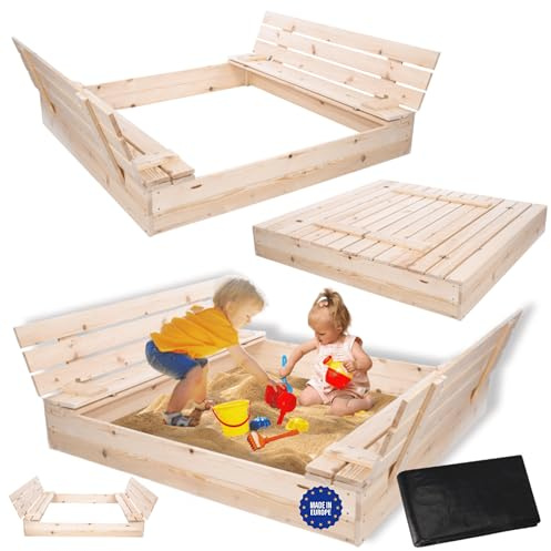 MODO24 Sandkasten mit Deckel und Sitzbänken, Holzsandkasten, Gartenspielzeug für Kinder, Sandkasten für Garten, Outdoor Sandkasten mit Bänken, Abmessungen 140x137 cm, Farbe: Naturholz (unbehandelt)