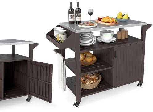 KOMFOTTEU Carrello Barbecue a 3 Ripiani, Carrello per Grigliare in Metallo, Carrello da Pranzo per BBQ, Campeggio, Festa, con Piano in Acciaio Inox, Scaffali, Porta Spezie e Porta Asciugamani, Marrone