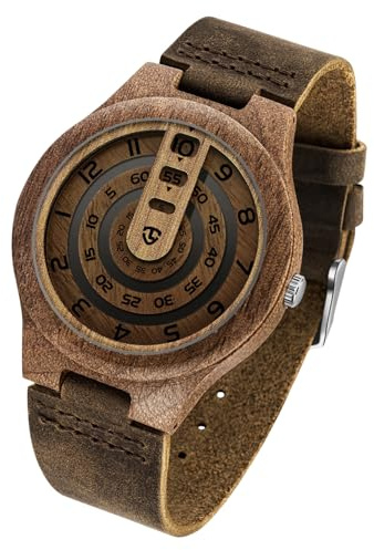 Timever Wooden Watches for Men Handmade Unique Design with Leather Strap, Analog Quartz Mens Watch, Gift for Men