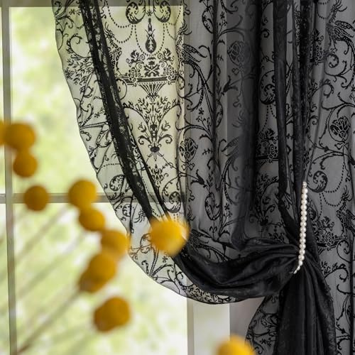 TUDECO Short Black Curtains 45 Inch Length - Gothic Lace Floral Halloween Kitchen Curtains for Small Window, Rod Pocket Semi-Sheer Light Filtering Goth Moody Spooky Home Decor, 59W x 45L Inch, Black