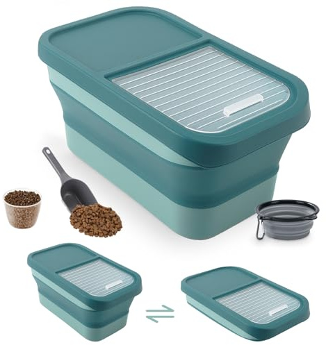 Druuzyl Conteneur à Croquettes pour Chien/Chat 5KG - Boîte de Stockage Pliable avec Cuillère et Tasse à Mesurer,Bowl pliable pour chien,vert,Seau Hermétique pour Nourriture et Friandises Animaux