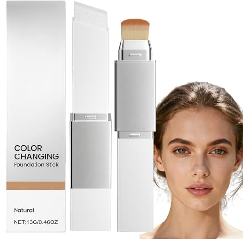 Color Changing Foundation Stick, V White Cover Cream Stick,2-In-1 Foundation Stick with Brush Head,Full Coverage Foundation Stick for All Skin Types,Portable Coverage Base Makeup for Travel,Natural
