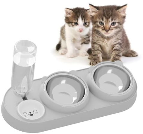 3-in-1 Katze Futternapf und Wassernapf Set - Katzennapf aus Edelstahl 15° Neigbar Doppel-Katzennäpfe mit Automatische Wasserspender für Haustiere Abnehmbarer Futternapf für Katzen und Kleine Hunde