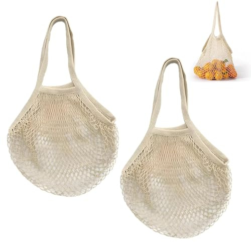 SHILIUZHI 2 Stück Einkaufstasch, Wiederverwendbar Einkaufstasche, Baumwolle Einkaufsnetz Bags, Sandspielzeug Tasche Netz, für die Aufbewahrung von Obst und Gemüse, Beige