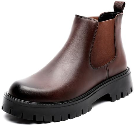 ZDOUXUAN Stivaletti Chelsea eleganti da uomo con plateau spesso, punta arrotondata, slip-on, antiscivolo, da lavoro, for abbigliamento casual e formale.(Brown,43 EU)