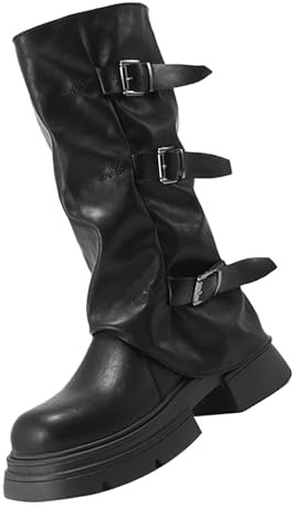 Générique Plattformsstövlar dam rund tå stövel med spänne rem slouchy boot enfärgad ledig sko tunna vader stövletter dam platta läder, svart, 36 EU