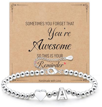 AGR8T S925 Silver Bracelets For Women Girls Initial Letter Heart Bead Bracelet Valentines Birthday Gifts For Daughter Sister Mum Friends Jewellery (A)