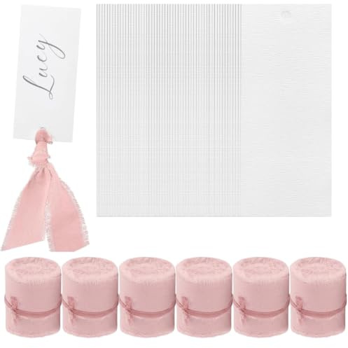 100 Pcs Name Place Cards with 6 Rolls Chiffon Ribbon for Wedding Dinner