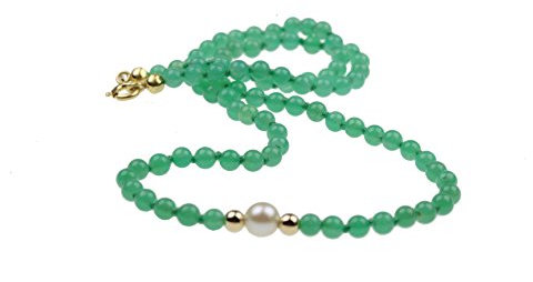 c-c Damen Edelstein-Kette, Chrysopras grün Zuchtperle weiß, Gold 14kt - 44cm Länge -