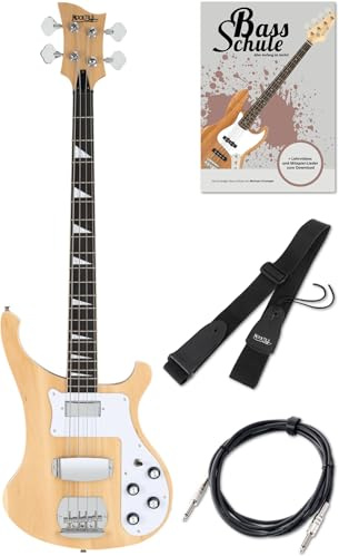 Rocktile Pro RB-400N Lumberjack E-Bass Set - Longscale E-Bass Lumberjack Sondermodell mit 2 Pickups mit separater Volume- und Tonregelung - inkl. Gitarrengurt, Kabel & E-Bass Schule - Natur