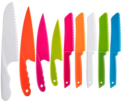 QincLing 9 Pieces Plastic Kid Kitchen Knife Set, Nylon Chef Knife Child-Safe Cooking Knives for Baking, Fruit, Bread, Cake, Salad Knife