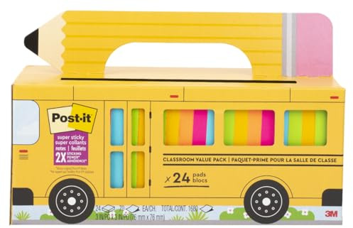 Post-it Super Sticky Notes, 24 Sticky Note Pads, 3 x 3 in, School Supplies, Office Products, Notes for Vertical Surfaces, Monitors, Walls and Windows, Bus Cabinet Pack