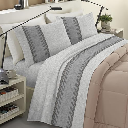 Banzaii Completo Lenzuola Invernale Felpate in Flanella Anti-Pilling 100% Cotone Singolo (per Materasso 80/90 cm, Altezza Fino a 35 cm) Denise Grigio
