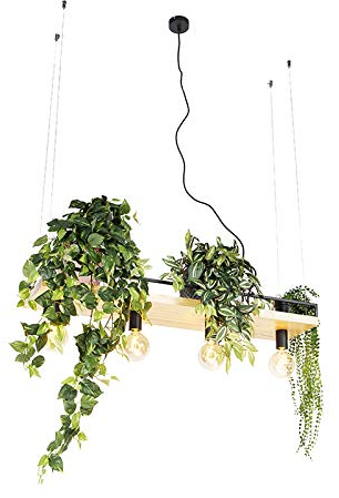 Qazqa - Industrie I Vintage I Industrie I Vintage I Hängelampe I Pendellampe I Pendelleuchte schwarz mit Holz 4-flammig-Licht - Regal I Wohnzimmer - Rechteckig - LED geeignet E27