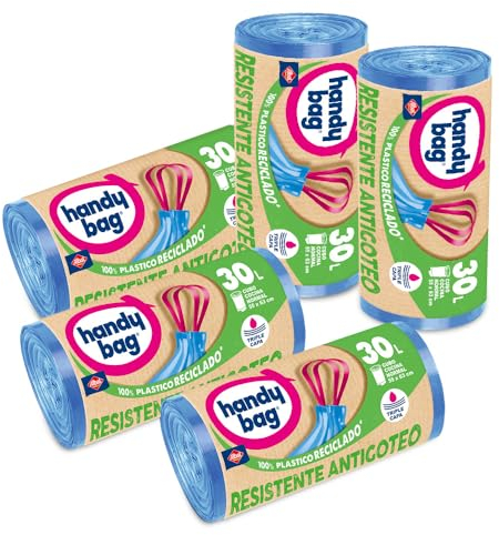 Handy Bag Bolsas de Basura Resistente Antigoteo, 100% Reciclado, Autocierre, 30L, 75 Bolsas, 5 Paquetes