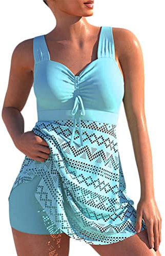 Tankini Maillot de Bain Femme 2 Pieces Taille Haute Découpé Evidé Maillots Push Up Rembourré Tankini Ensembles Grande Taille Débardeur et Short Vetement Plage Femme (Bleu Clair, 4XL)