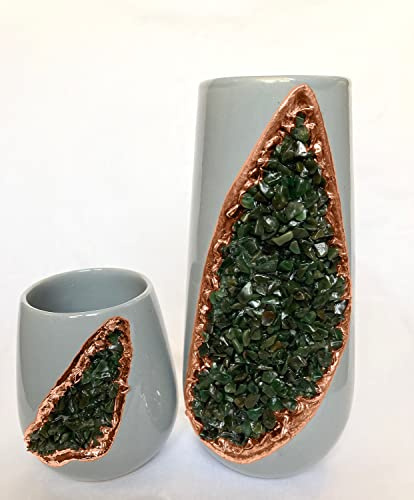 Grey and Gold Ceramic Vase/Planter/Pot/Wine Goblet/Mug with Green Semi - Precious Agate Crystal Gemstones |Small(Height 4 inch), (Rose Gold - Finish)