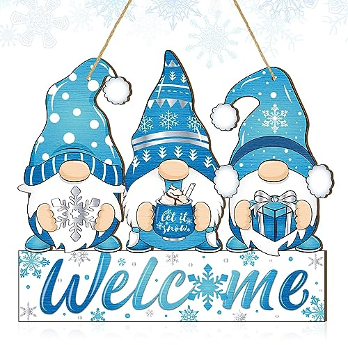 Panelee Winter Willkommen Türschild Wichtel Hängende Dekoration Let It Snow Holz Wichtel Schild Blau Schneeflocke Türhänger mit Seil Hängende Dekoration für Veranda Home Winter
