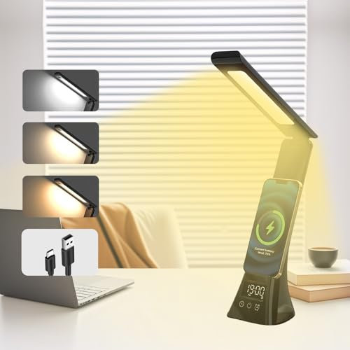 AMFUN Desk Lamp, Eye-Caring LED Table Lamp, 3 Color Modes,USB Charging,Dimmable Bedside Lamps with Clock,Touch Control, Study Lamp for Home,Bedroom,Office,Reading,Study,Work-Black