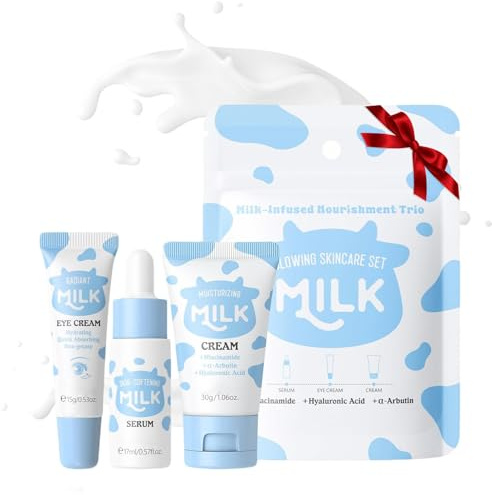 Milk Skin Care Sets & Kits, Milk Skincare Set, Valentine's Day Gifts, Facial Kits for Women,3PCS Travel Skincare Set, Gifts for Women with Serum, Eye Cream, Moisturiser