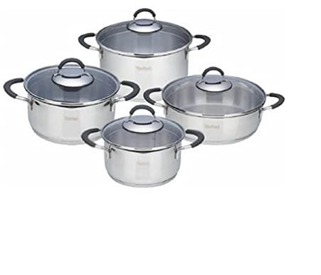 VGVSBG Cookware 8 Piece Steel Pot Set Grey With Glass Lid Cooker Kitchen Cookware Set