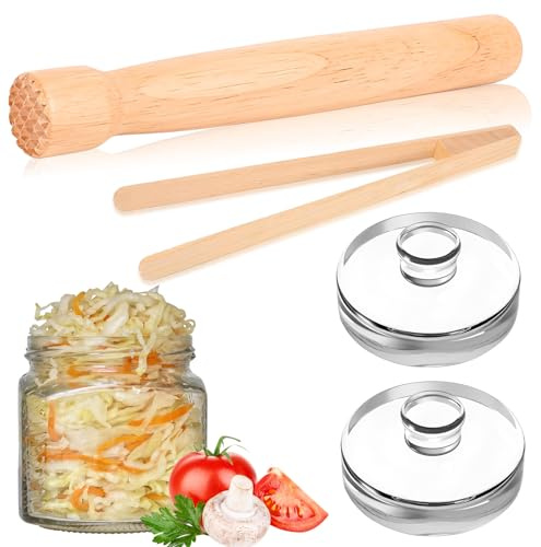 Fermenteringsglas-vikter, fermenteringstillbehör set i 4 delar, inklusive stötar, 2 st ø 7 cm fermenteringsvikter och tång, – enkelt hem alla frukter och grönsaker, fermentering, fruktvin – Bois De