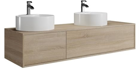 Vente-unique-Mueble de baño suspendido Color Natural Claro con Doble Lavabo sobre encimera Redondo - L150 cm - ISAURE II