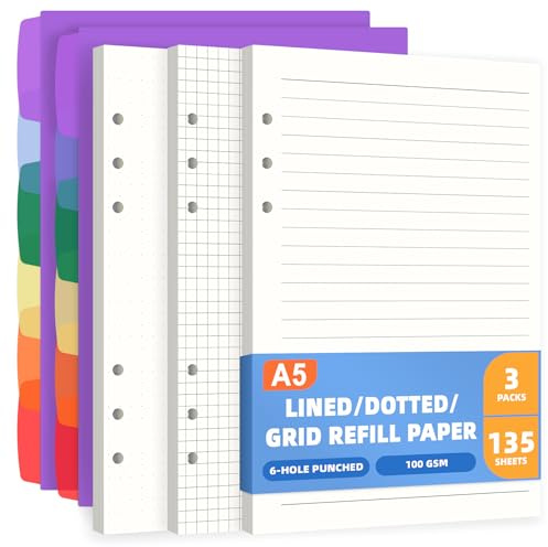 Antner A5 Refill Paper Planner Inserts for A5 6 Ring Binder, 135 Sheets 6-Hole Lined/Dotted/Grid Loose Leaf Filler Paper with Binder Dividers for Refillable Notebook, Journal, Planner, Sketchbook