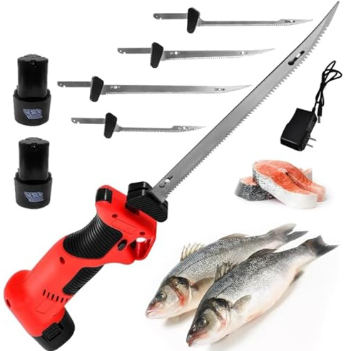 ErShangMao Cuchillo Eléctrico Inalámbrico para Filetear Grandes Cantidades De Pescado Y Carne: Sierra Recíproca Profesional Recargable con 4 Cuchillas Y 2 Baterías De 2000 Mah.