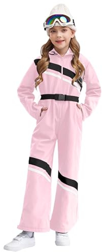 Miutii Skiddräkt för barn, flickor med bälte, huva, snödräkt, vindtät vattentät snöoverall, jumpsuit, ROSA, 122/128 cm