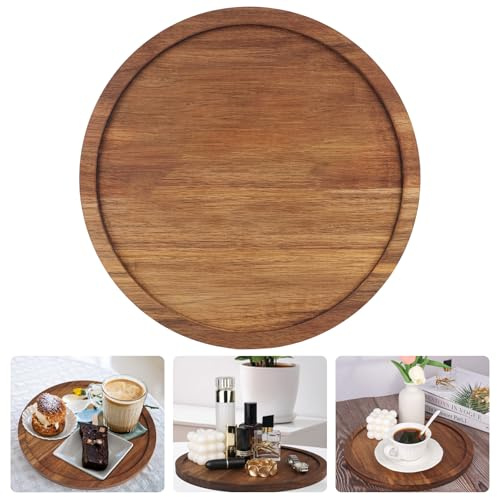 Junrvivy Plato de madera para servir, grande, redondo, 30 cm, de madera de acacia, bandeja decorativa para servir, para bebidas, café, llaves, joyas, cosméticos