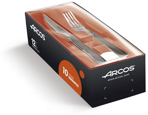 Arcos Coltelli da Tavolo Set Bistecche 12 Pezzi (6 Coltelli + 6 forchette) - Monoblocco monopecco in Acciaio Inox Colore Argento