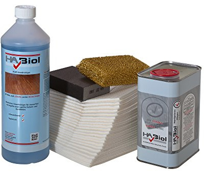 Intensivreninigungs- und Pflegeholzölset (für Innen und Außen):1l HABiol UV Holzöl Holzpflegeöl, 1l Profigrundreiniger, Schleifklotz, Schleifschwamm und Ölsaugtücher